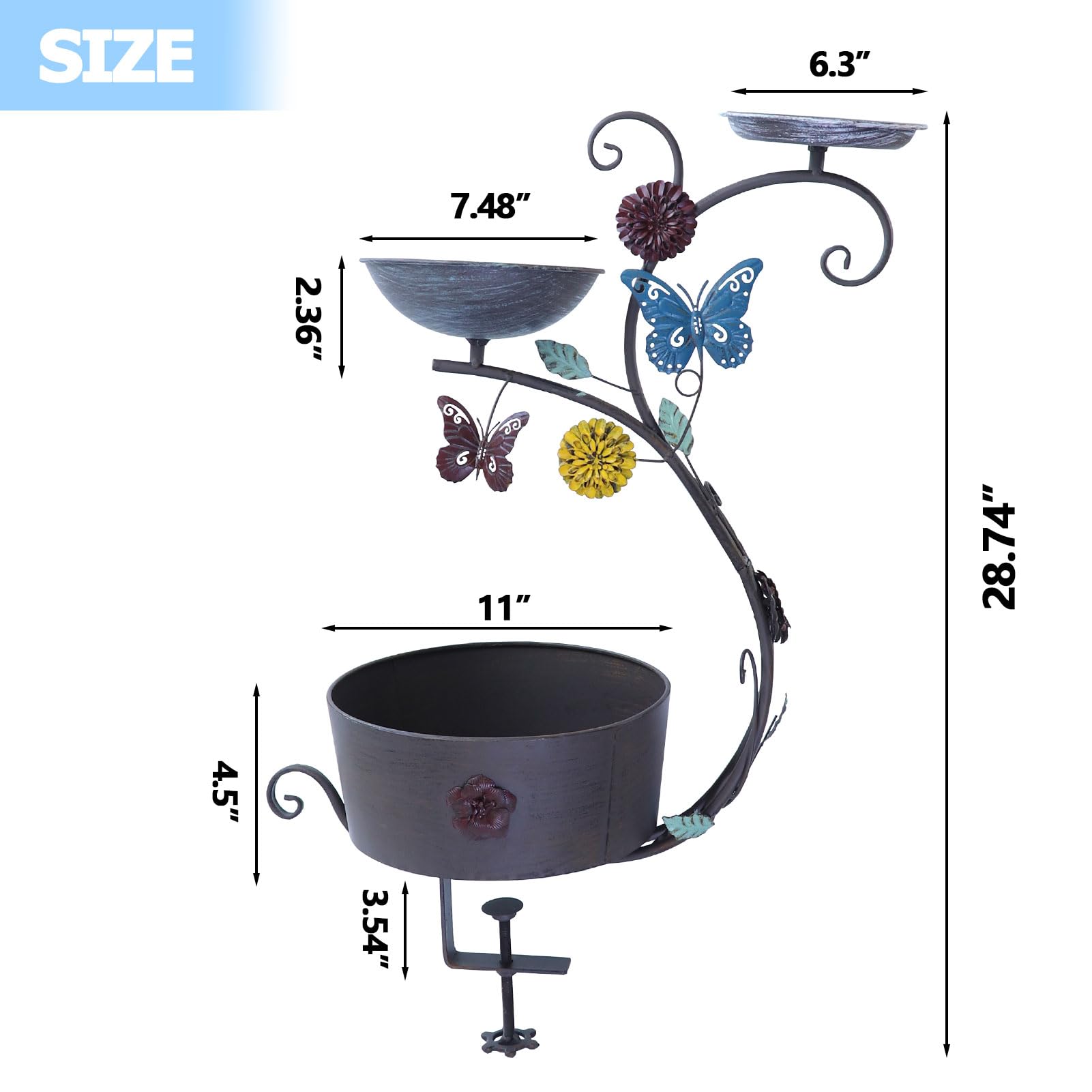 HLQMFHT Baño para pájaros de cubierta, baño para pájaros y comedero para pájaros, pedestal para plantar flores, baño para pájaros montado en la cubierta, para jardín, balcón, patio, decoración de