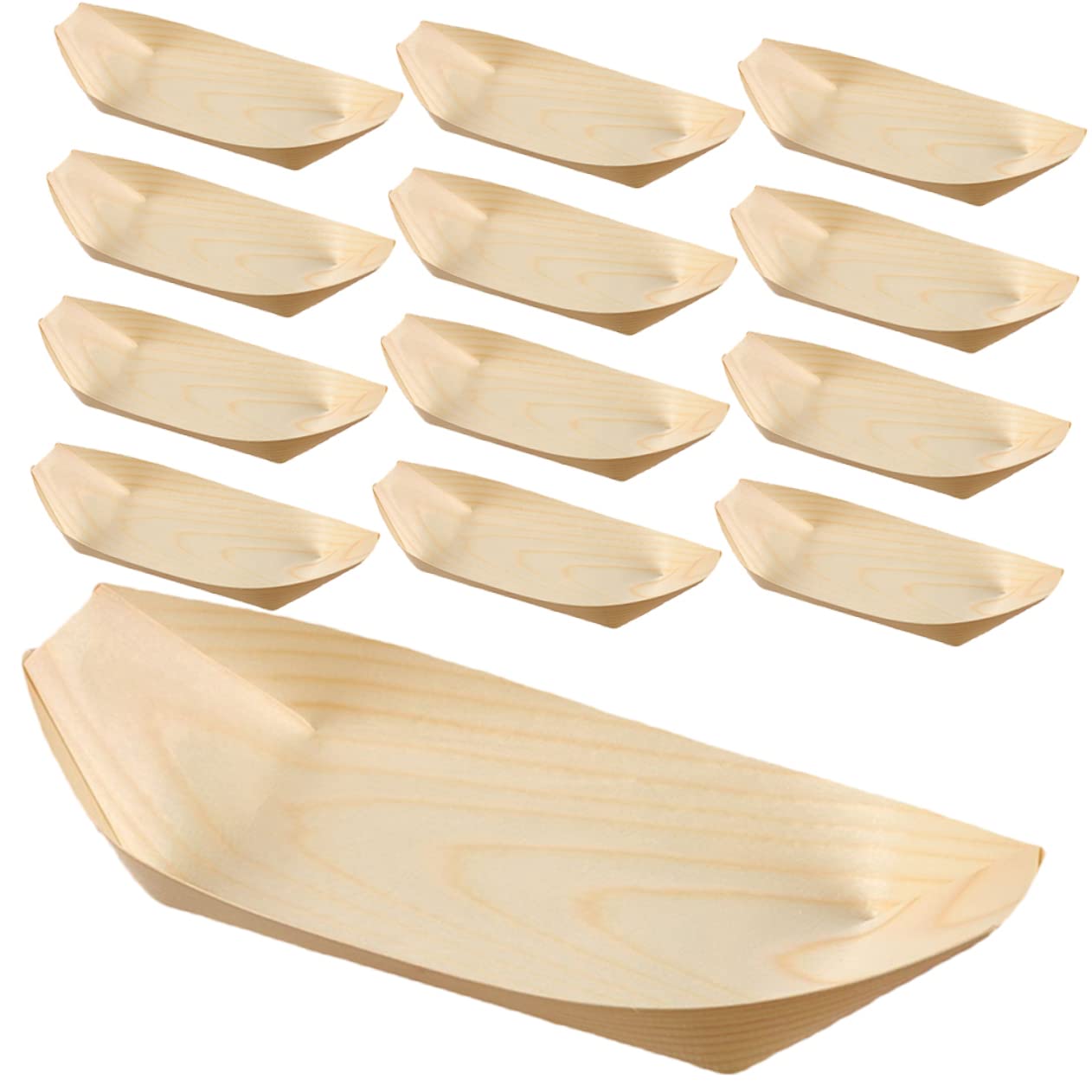 STOBAZA 60Pcs Wooden Sushi Serving Tray Premium Food Grade Wood Bowls for Appetizers Snacks and Desserts for Parties Dinners and Catering Boat Shape Design