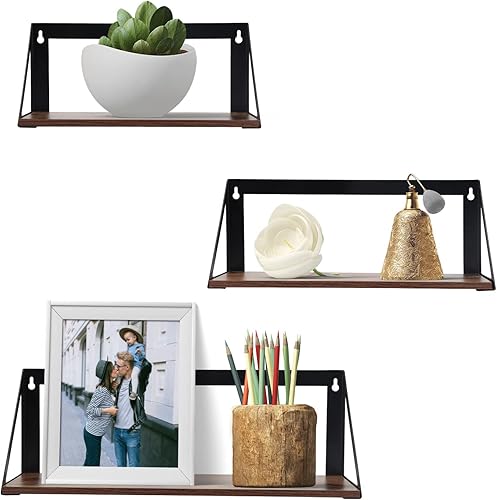 Calenzana Paquete de 3 estantes flotantes de pared, estante de almacenamiento de madera rústica con soporte de metal industrial para dormitorio,