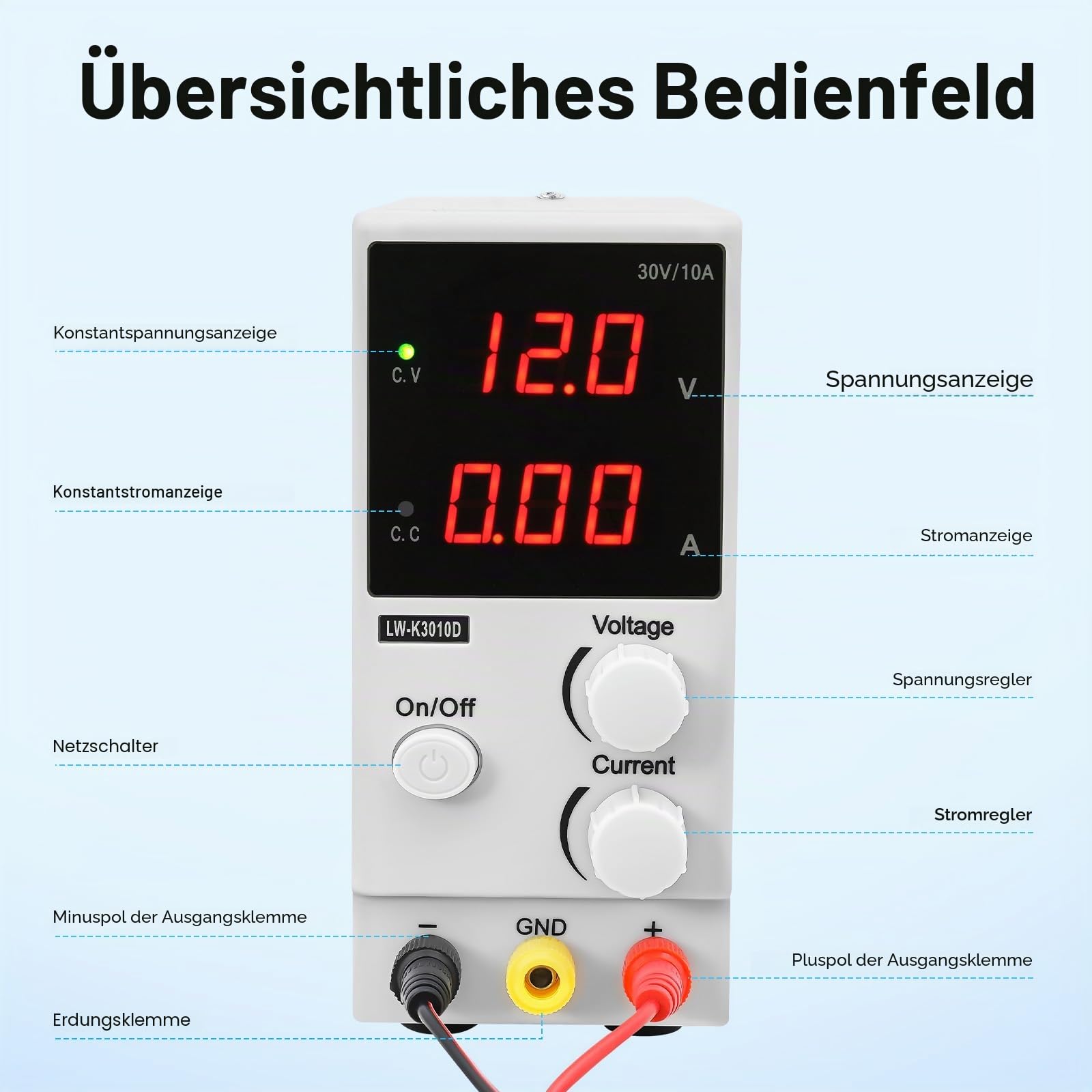 Labornetzgerät, 0-30V 0-10A DC Power Supply Einstellbar Gleichstromversorgung, Regelbar Netzgerät mit LED-Anzeige, Netzteil Strommessgeräte, Stabilisiertes Schaltnetztei