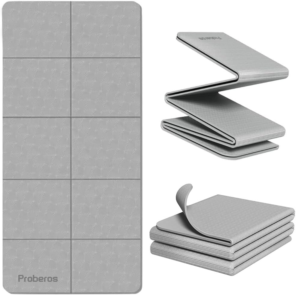 Proberos® Portable Folding Yoga Mat with Carry Bag TPE Yoga Mat Anti-slip 5mm Thicken Fitness for Men Women Pilates Mat for Home Workout, Gym, Travel, 72x24 inches, Grey