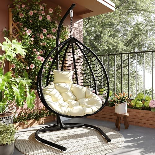 Hanging Egg Chair with Stand, Foldable Wicker Egg Swing Chair for...