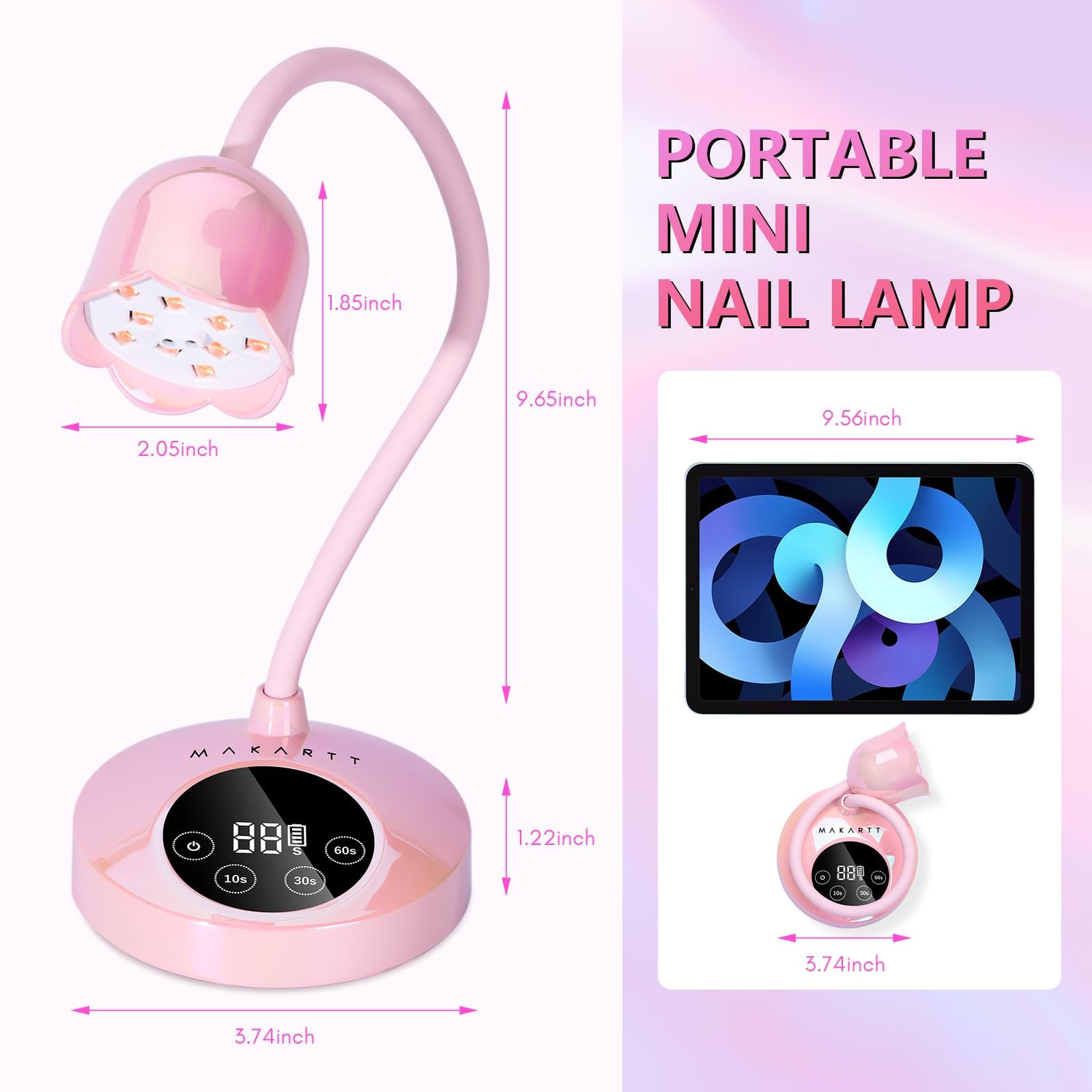 Makartt Cherie - Lámpara UV para uñas de gel, inalámbrico, USB, 30 W, con cuello de cisne, 4 temporizadores y sensor automático, secado rápido profesional para esmalte de uñas en gel