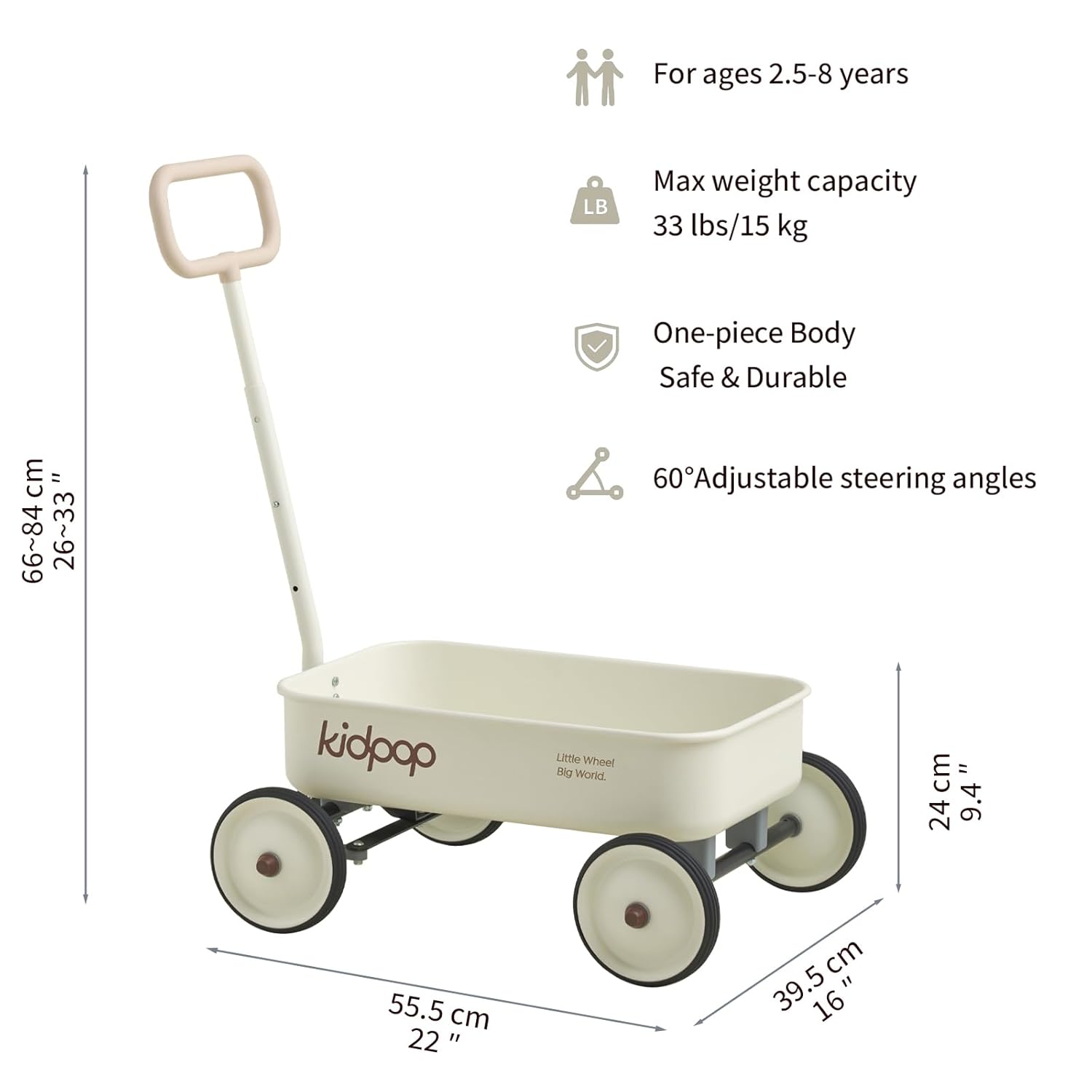 PULA-Wild 2-in-1 Kids' Pull-Along Wagon Toddlers Push Walker for 2.5-8 Adjustable Handlebar, Birthday Gifts Max Weight 33 lbs (White)