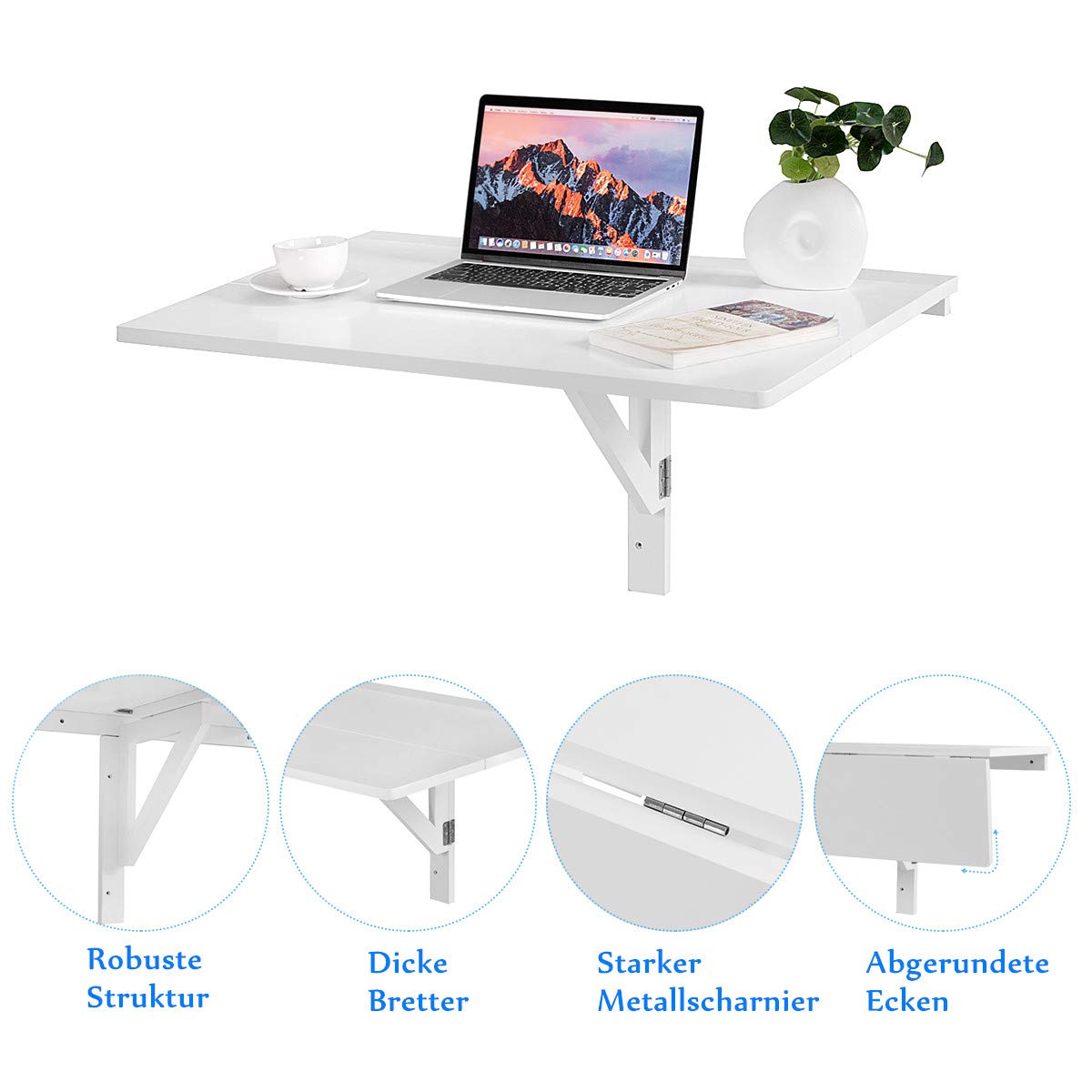 RELAX4LIFE Wandtisch klappbar, platzsparender Esstisch, Schreibtisch für Esszimmer & Studierzimmer, Stabiler Klapptisch Wandmontage, Wandklapptisch aus Holz bis zu 40 kg belastbar, 80 x 60cm (Weiß)