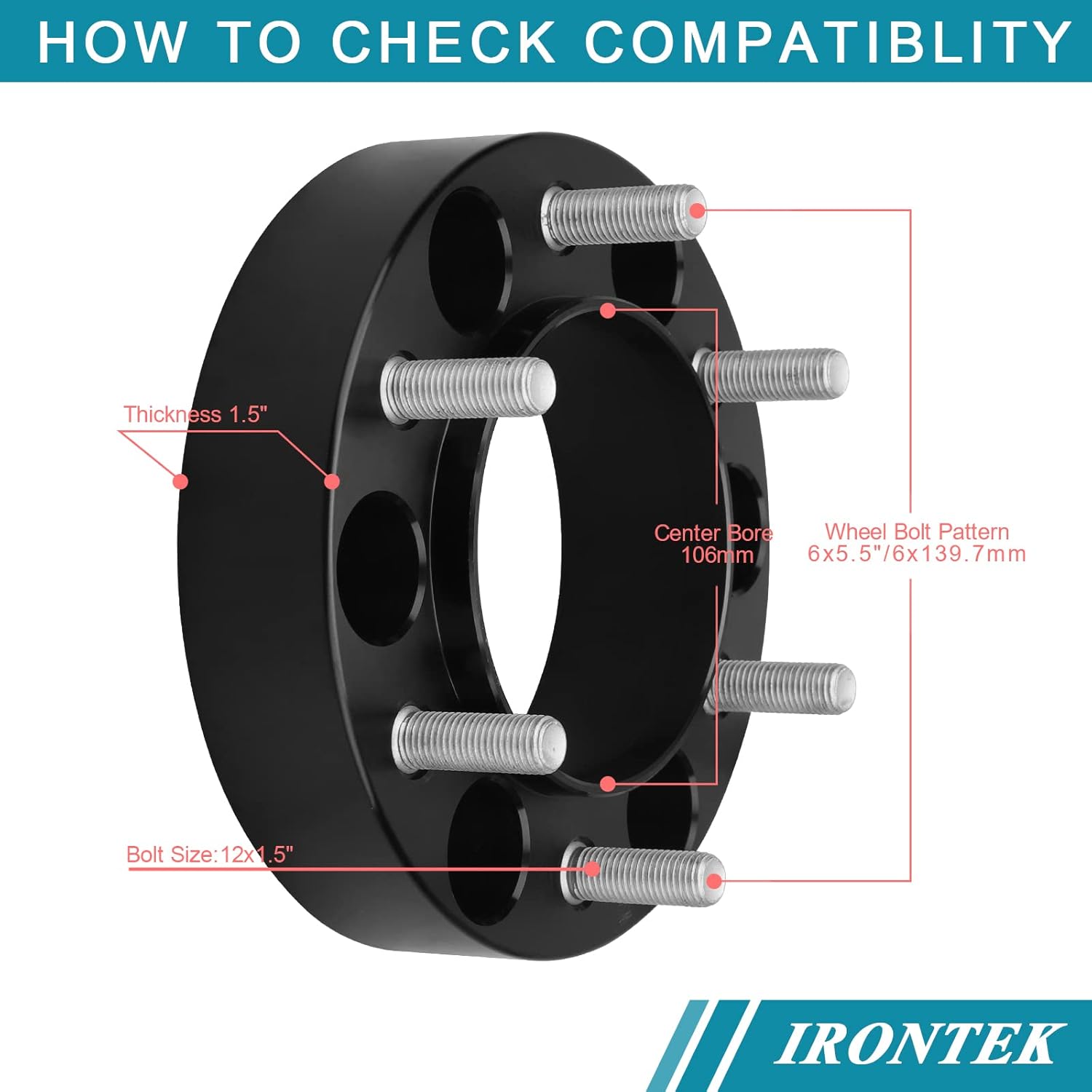 IRONTEK Forged 1.5in 6x139.7mm Wheel Spacers Compatible for Toyota 95-23 Tacoma/ 89-23 4Runner/ 00-06 Tundra 2002-2023 Lexus GX460/ GX470 6x5.5 Hubcentric Spacer (M12x1.5 Studs, 106 mm Hub Bore) 2pcs