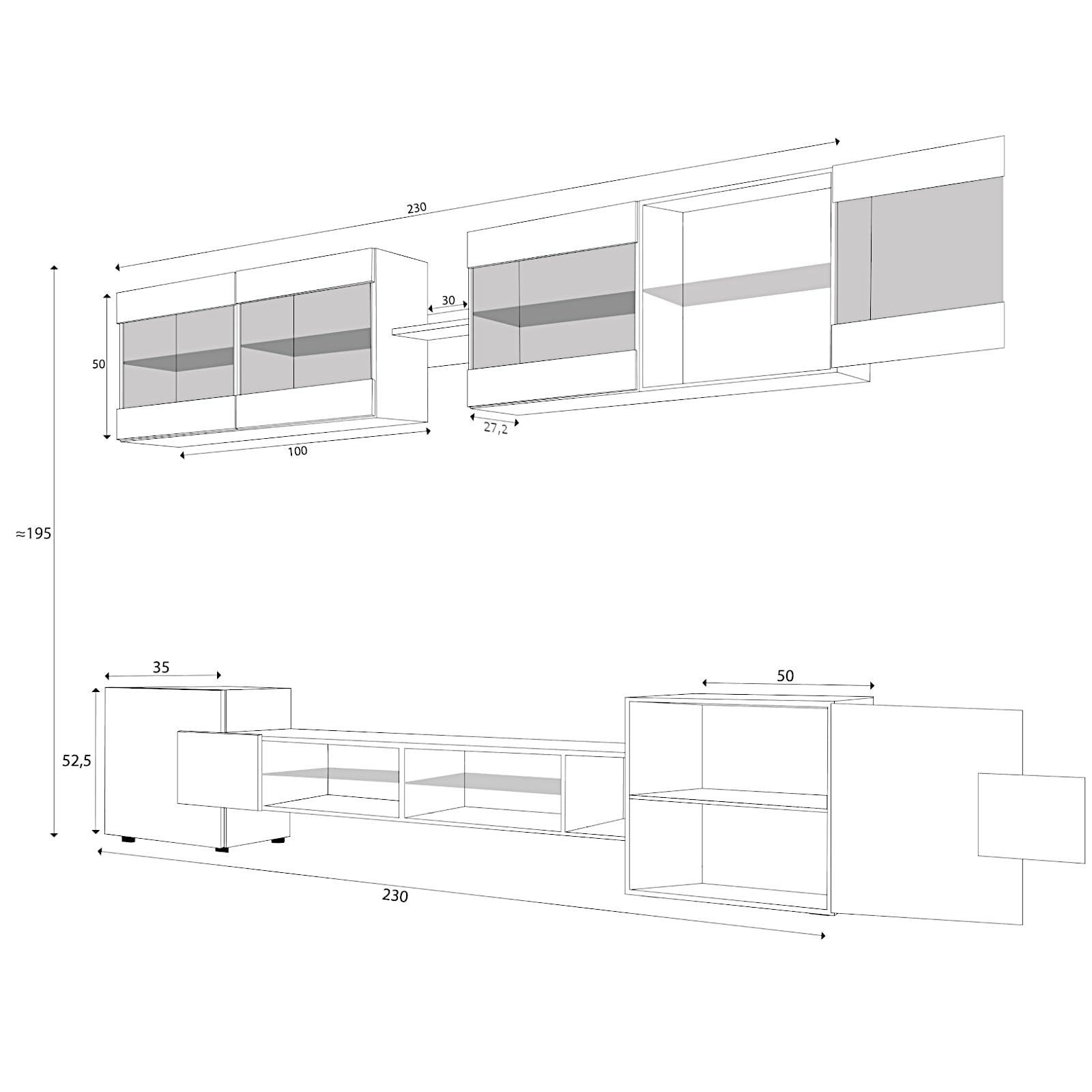 Komodee Wohnwand TV Foggia A1 Schwarz/Weiß 230x195x35 cm