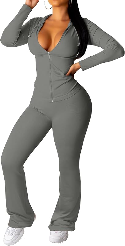 Women's 2 Piece Tracksuit Zip Up Hoodie Flare Pants | Lightweight Fabric With Light Stretch, Drawstring Hood, Front Pockets, Fitted Shape, Mix-And-Match Wear