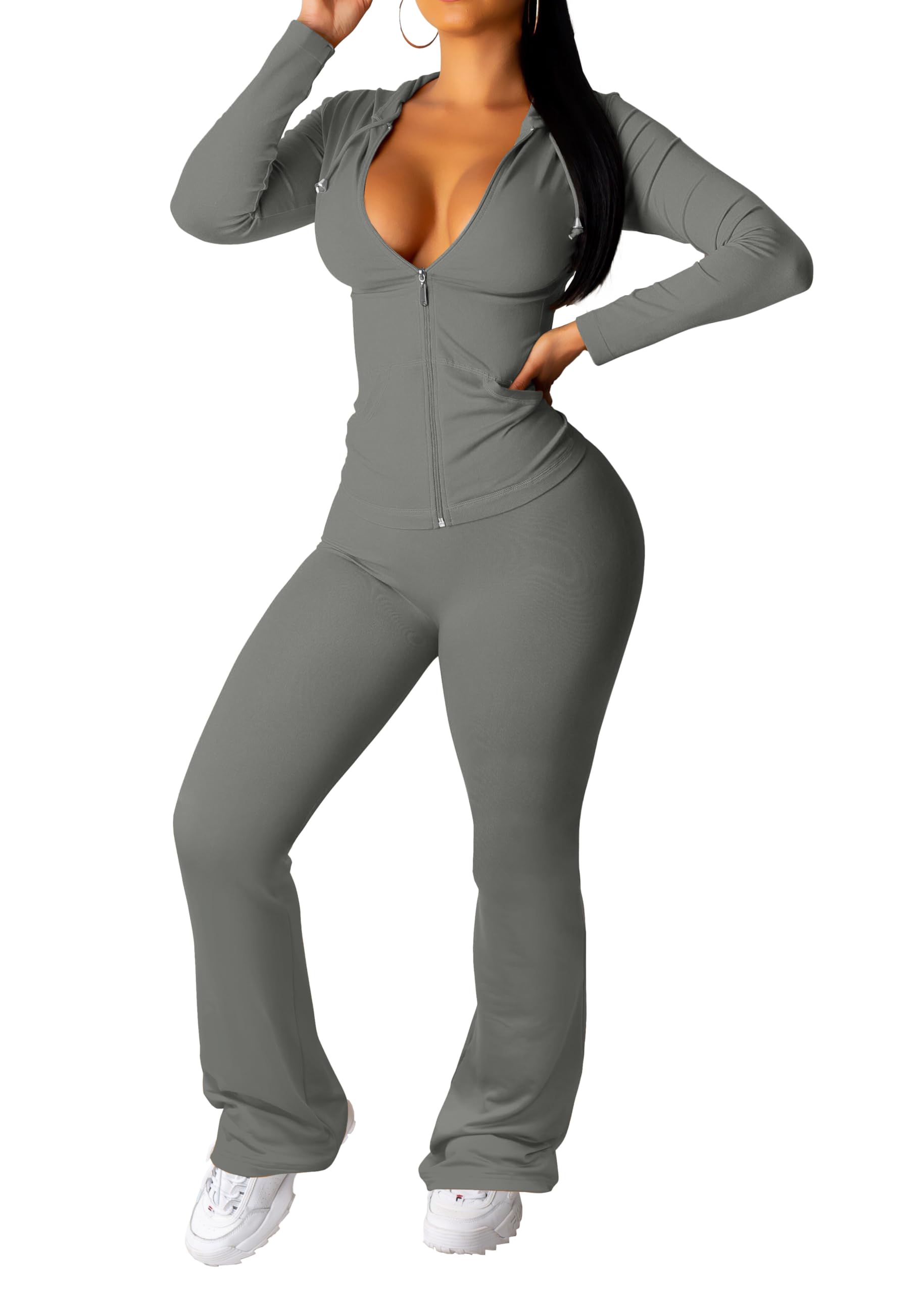 PINSV Women 2 Piece Outfits Workout Bodycon Tracksuit Long Sleeve Zip Up Hoodie Jacket Matching Flared Pants Sets