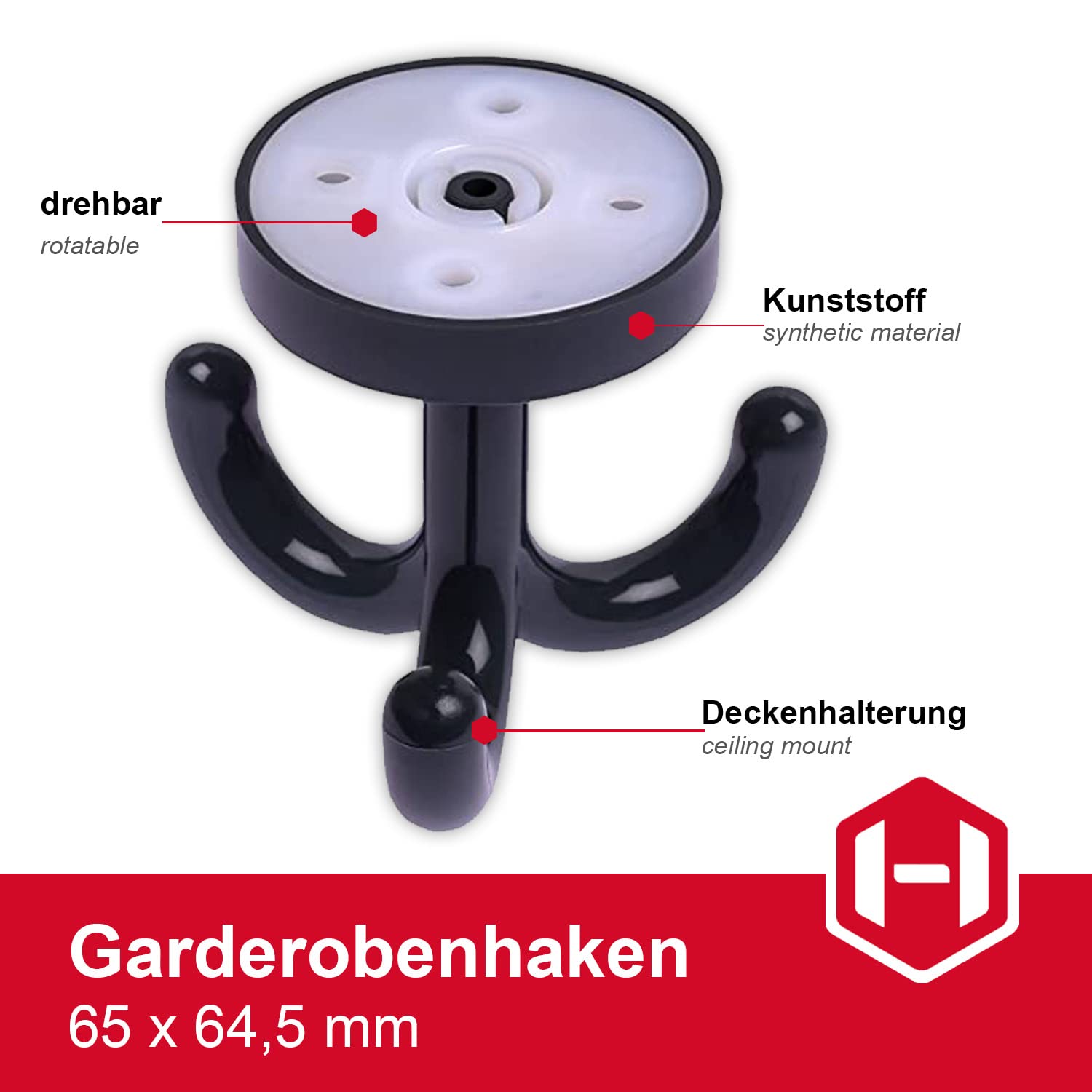Gedotec KITA RAL 7016 Lot de 5 crochets rotatifs en plastique - Triple crochet anthracite - Pour plafond, garde-robe, maternelle, patère rotative à visser