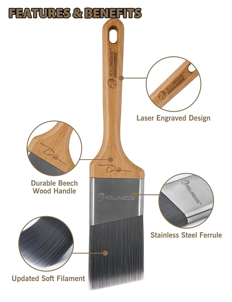 ROLLINGDOG 3 Inch Angled Paint Brush - Trim Brush For Painting Wall Cutting In Corners And Edges(Stiff Filament