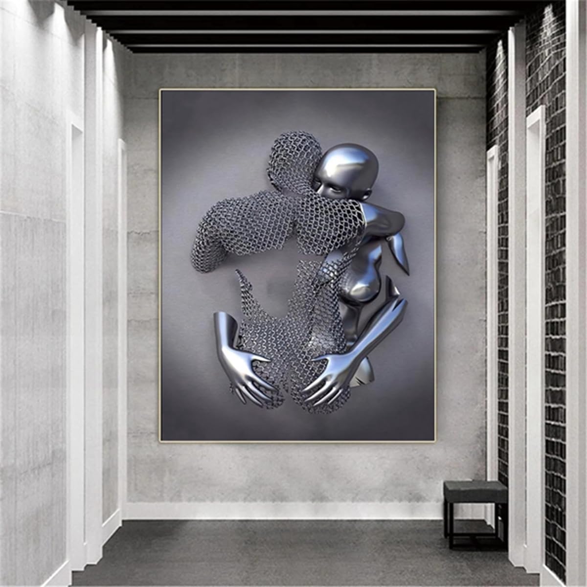 MKHFUW 3D Metal Figure Statue Art Canvas Painting Romantic Abstract Posters and Prints Lovers Sculpture Poster Love Heart Kiss Pictures - Image 3
