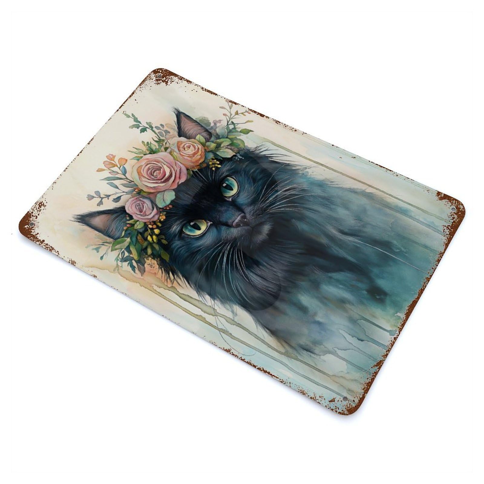 Distressed Metal Wall Sign Black Cat with Floral Crown 11.8"x7.9", Vintage Wall Decor for Cafe, Home Bar And Lounge Decor