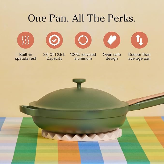 This cookware is distinguished by its compatibility with a wide range of heat sources, including induction, gas, and electric cooktops. It is also safe for oven use, tolerating temperatures up to 232°C (450°F). The pan is equipped with practical features like a modular lid, a nesting spatula, and a built-in spoon rest, making it not only convenient but also user-friendly for a wide array of cooking techniques. The Always Pan 2.0’s sage color adds a touch of elegance and modernity to the kitchen, making it not just a tool for cooking but also an aesthetically pleasing item for display.