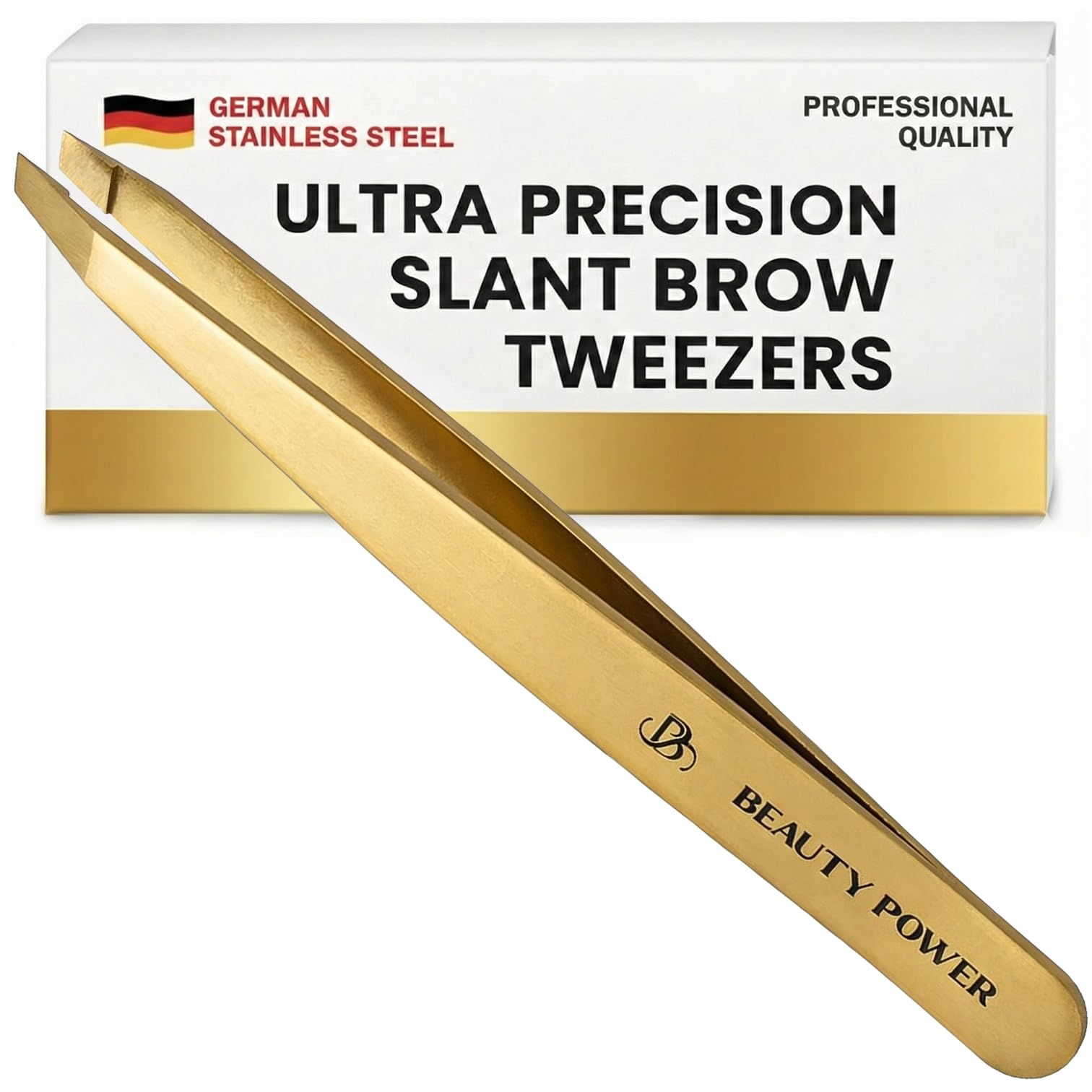Tweezers for Women Facial Hair: Ultra Precision Tweezers for Women & Men, Sharp Slant Tweezer for Eyebrows, Ingrown Hair Removal. Professional Plucker + Case, German Stainless Steel Gold