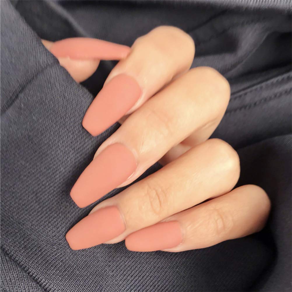 Long Press on Nails Fake Matte Designs for Women, DiscountOne Orange Frosted Nails Full Cover Flake Nail Tips with Glue Kit, 24pcs