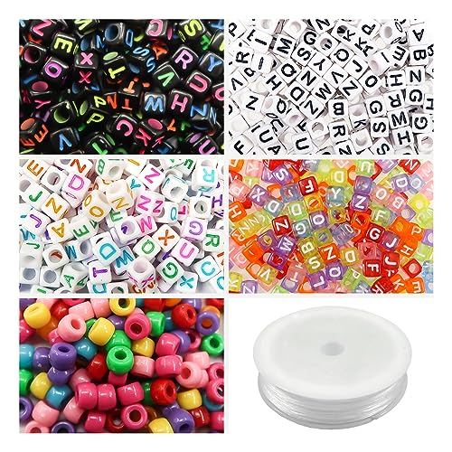 TOAOB 1200pcs 6 Styles Multicolour Cube Letter Beads Acrylic Alphabet Beads for Bracelets Making with Pony Beads and 1 Roll 50m Elastic String for DIY Friendship Bracelet Kit Jewelry Making