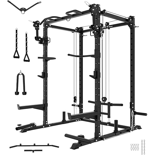 Eonfit E2 Power Cage，1500LB Squat Rack with Cable Crossover System.Multi-Function Power Rack for Home Gum.All-in-One Squat Rack with More Training Attachments