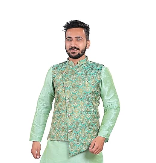 Men's Floral Print and Jaquard Design Satin & Silk Fabric Sleeve Less Regular Fit Nehru Jacket/Modi Jacket