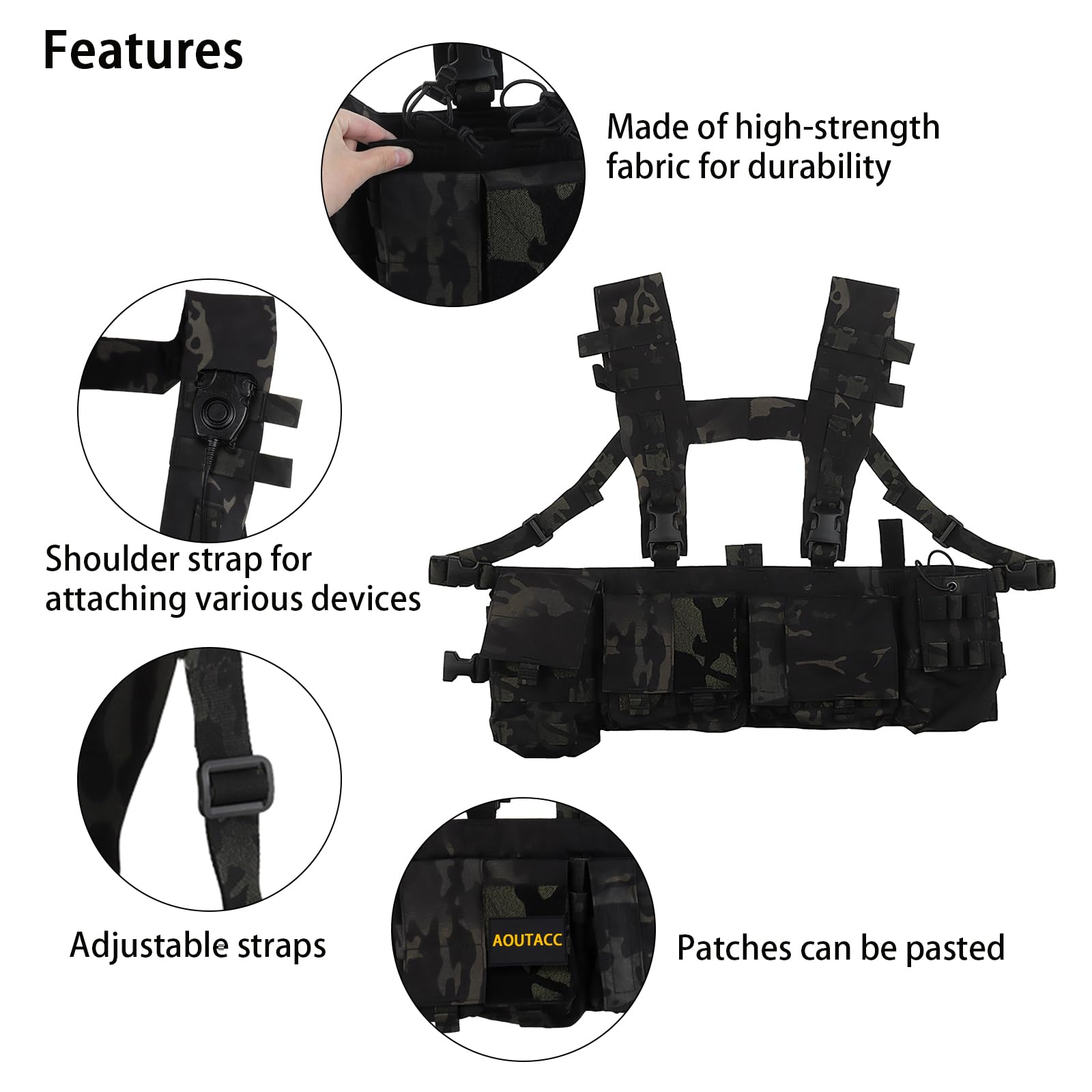 AOUTACC Tactical Chest Rig,Detachable Lightweight MOLLE Chest Rigs,Outdoor Tactical Patrol Commuter Vest Chest Vest