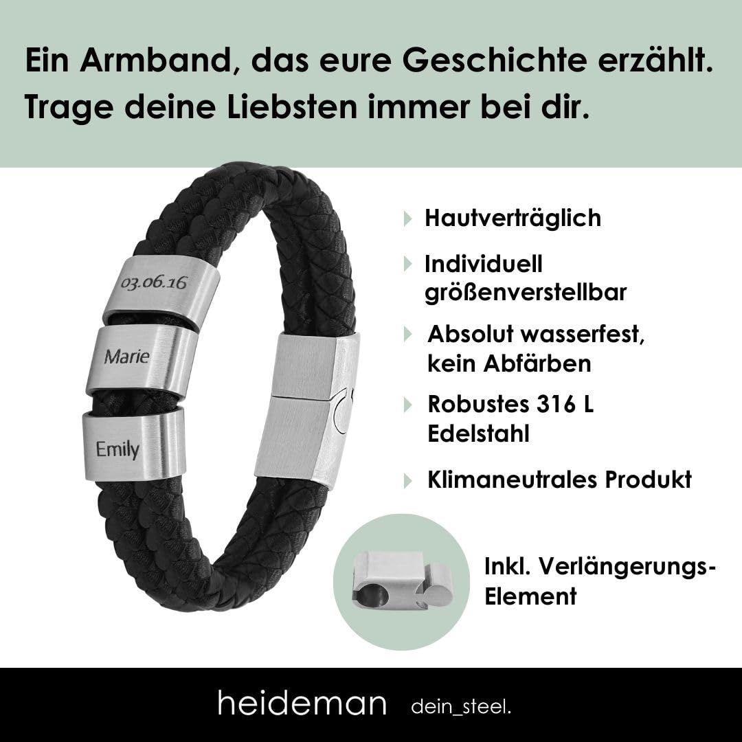 Heideman Herren Lederarmband Elian 2 Gravurplättchen silber | Elian Herren-Lederarmband, geflochtenes Leder, silberne Gravurplättchen, personalisierbar, Magnetverschluss, für Männer