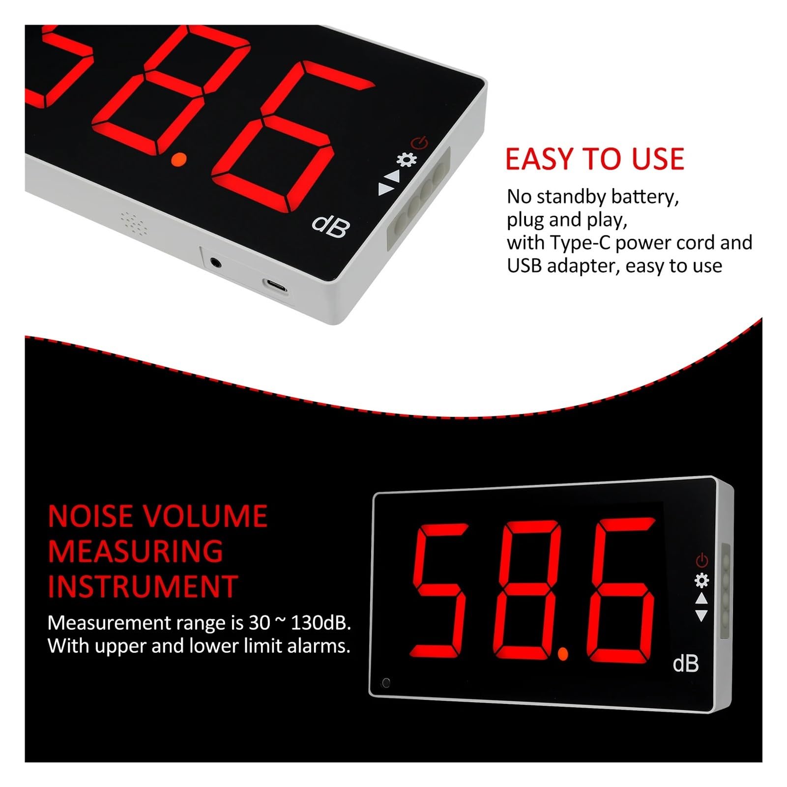 Medidor De Nivel Sonido Con Pantalla LCD Grande, Digital Pared, Ruido, Comprobador Monitoreo Decibelios MedicióN Precisa