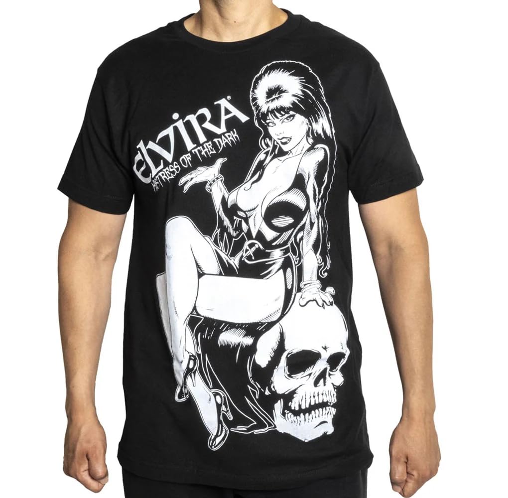 Elvira Mistress of The Dark Comic Skull Glow Jumbo Print Gothic Horror T-Shirt, Black, 3XL