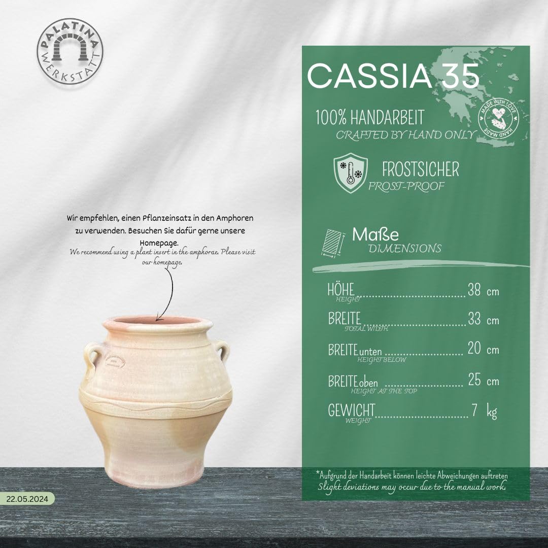 Palatina Werkstatt Terracotta Amphore Cassia 35cm - 100% handgefertigtes Unikat aus Griechenland - Verzaubern Sie Ihren Garten oder Terrasse in eine grüne Oase