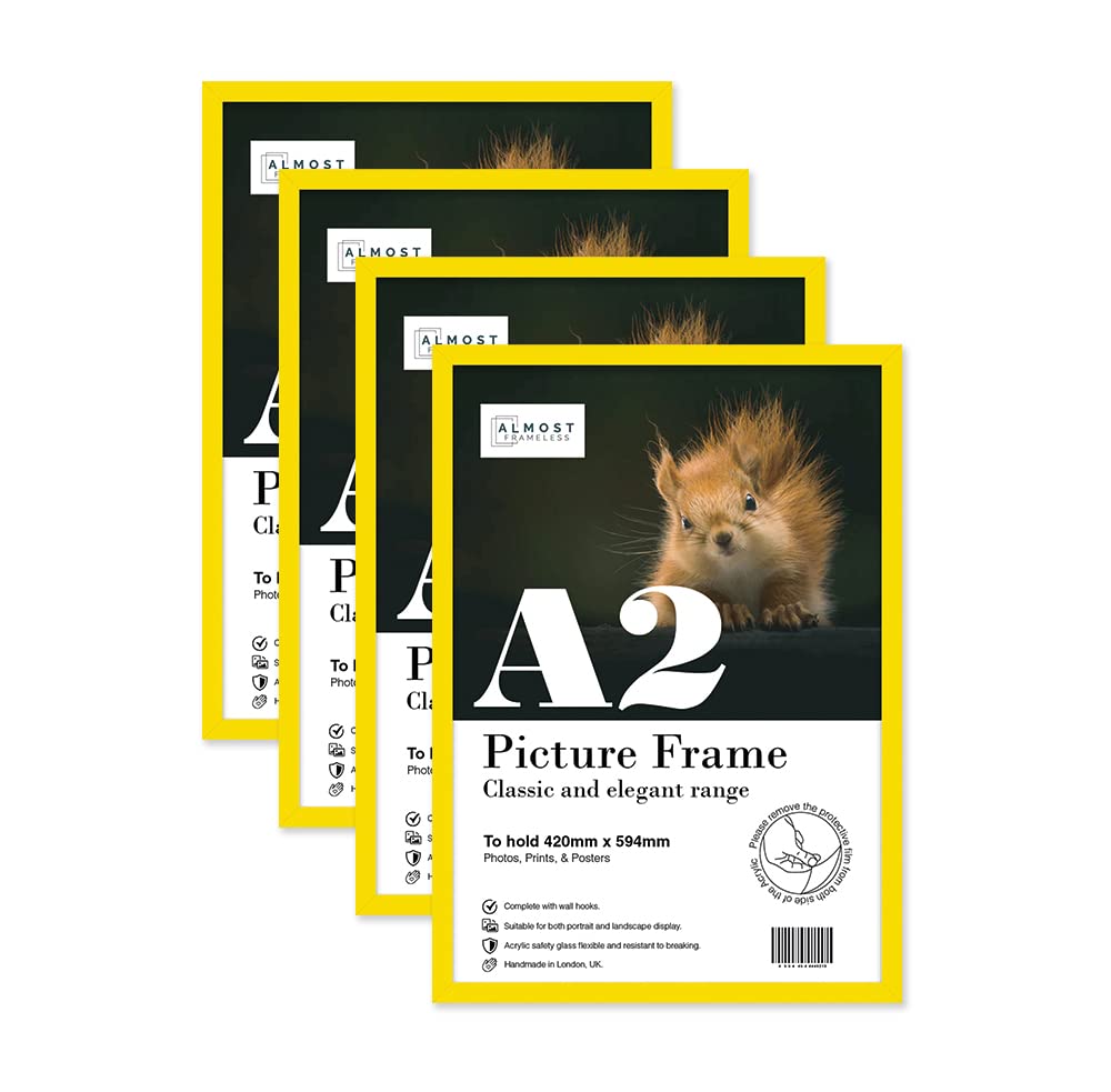 Almost Frameless Yellow A2 Picture Frame Set Of 4, Display A2 Picture Gallery Wall, Poster, Photo, Artwork, Or Print,