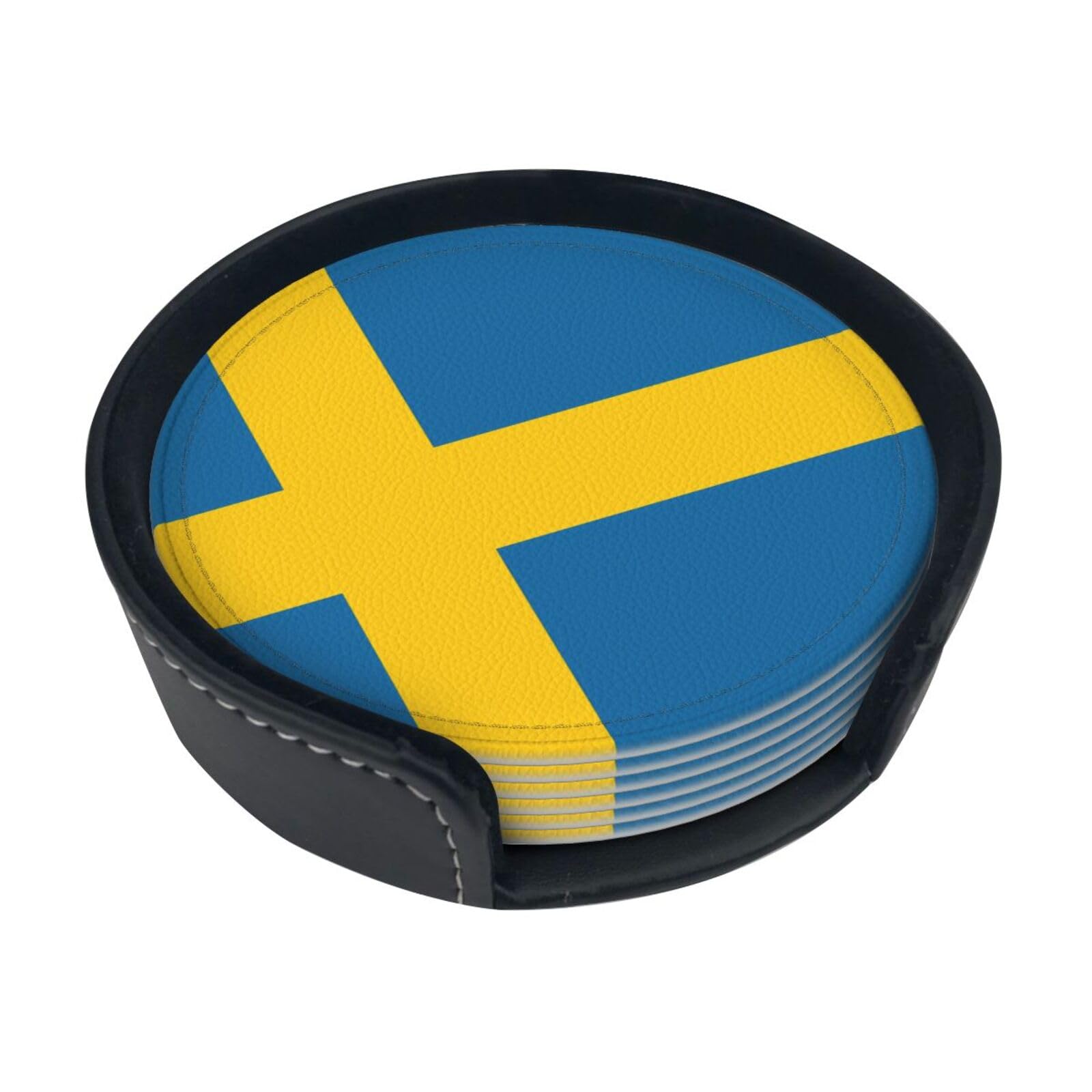 Cntdbu White Swedish Flag Leather Coasters Set Of 6-Pu Leather Drink Mats For Table, Heat Resistant Round Coasters With Holder