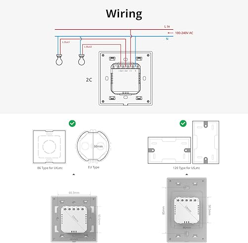 Miniatura 9 de SONOFF Interruptor de luz inteligente, interruptor de luz WiFi de 2.4 GHz, funciona con Alexa y Google Home, T5 2 Gang 1 Way Smart Life Light