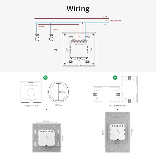 Miniatura 9 de SONOFF Interruptor de luz inteligente, interruptor de luz WiFi de 2.4 GHz, funciona con Alexa y Google Home, T5 2 Gang 1 Way Smart Life Light