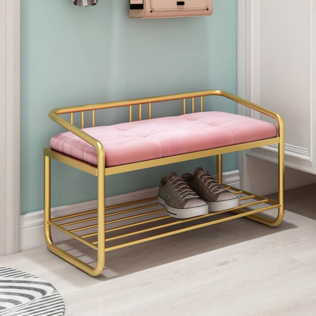 MSHGSKU 2-Tier Shoe Storage Bench with Padded Seat Cushion, Stable Shoe Organizer for Bedroom, Living Room, Entryway