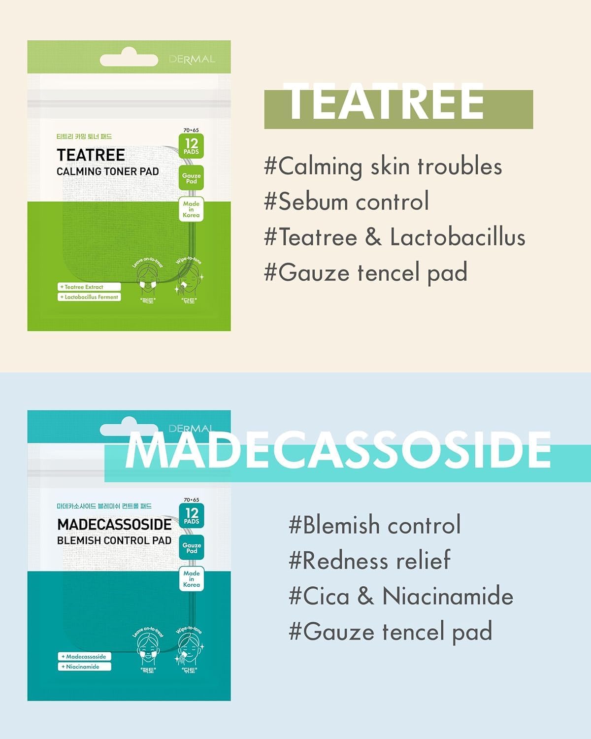 DERMAL 6 Types Toner Pad Trial Kit Portable Travel Combo Set - Ice Cooling, Collagen, Retinol, Madecassoside, Tea Tree, Vitamin Korean Face Toner Pads, 12 Pads x 6 Pack - Image 4