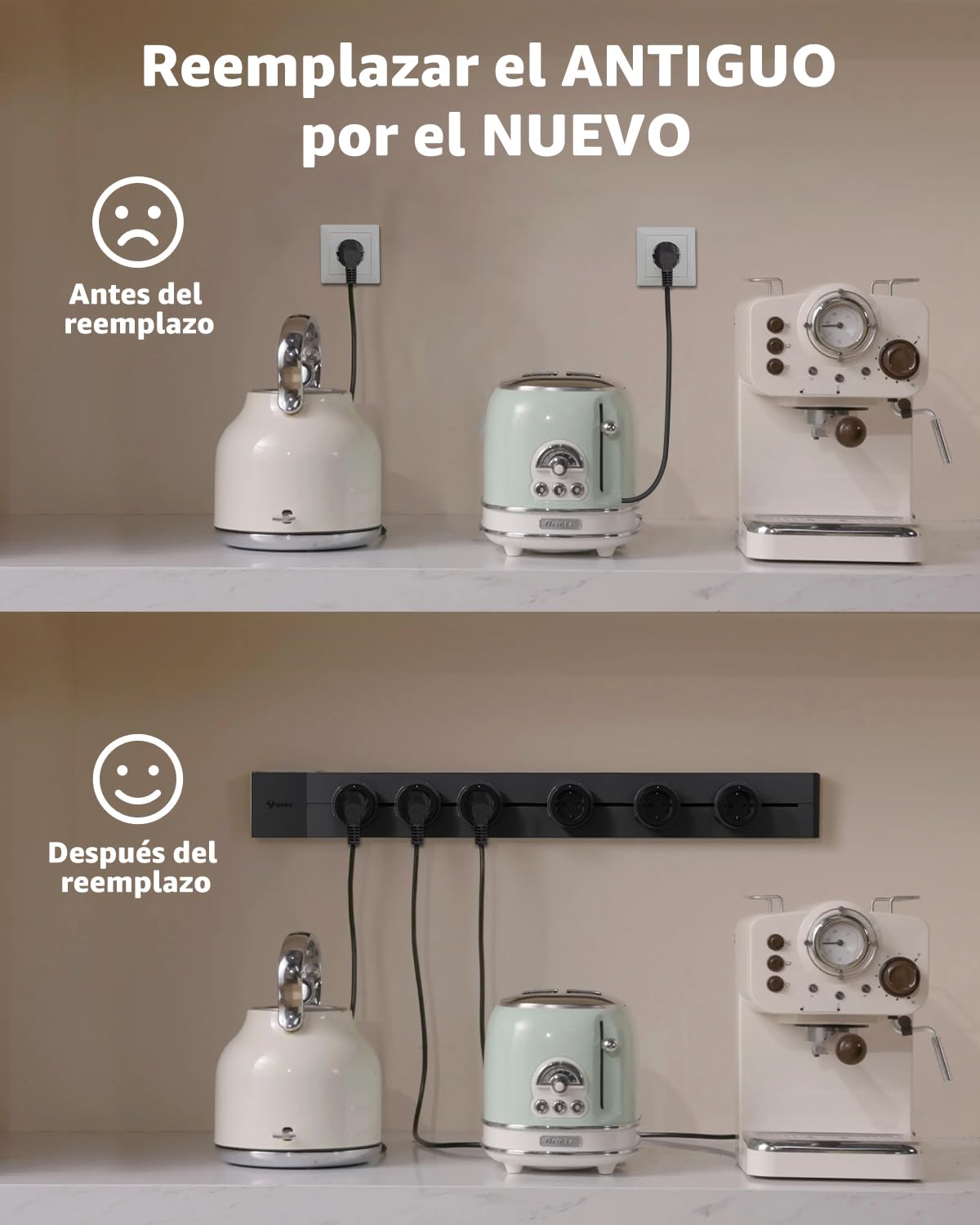GONEO Carril Mural 50cm, 4 Tomas Schuko F 16 A, sustituye una Toma de Pared | Módulos deslizantes y reposicionables, montaje mural sin obras, bloqueo seguro, para cocina, salón, oficina y hogar