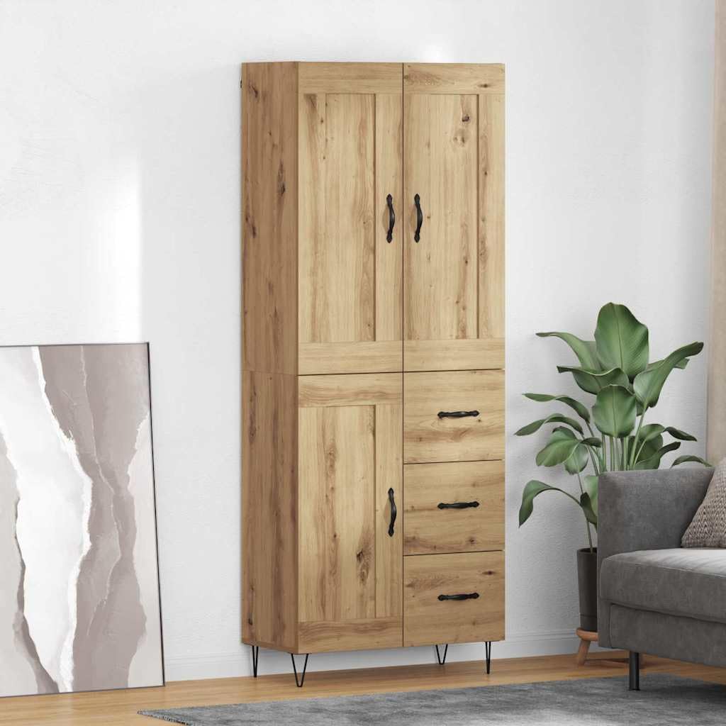 Highboard Artisan dąb drewnopochodny, 69,5 x 34 x 180 cm, z 3 szufladami i 5 półkami, nowoczesny kredens do salonu, jadalni, biura, stabilne przechowywanie i miejsce do przechowywania