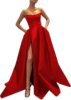 MllesReve Womens Long Strapless Satin Prom Dress Sleeveless Slit Evening Ball Gown with Pockets