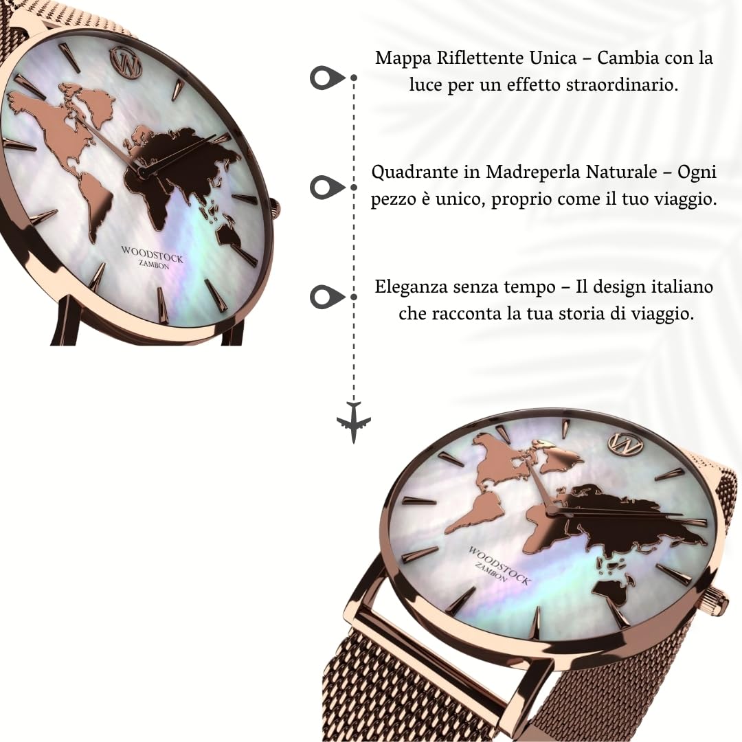 Woodstock Zambon Orologio Donna Elegante – Quadrante in Vera Madreperla – Acciaio 316L Oro Rosa – 5ATM Impermeabile – Design Raffinato e Regolabile – Regalo di Lusso