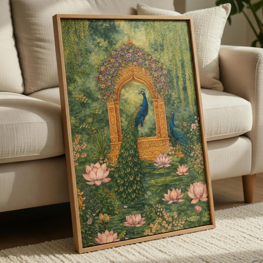 Image of Livin'luxe Royal Peacock Garden Wall Painting with Wooden Frame | Elegant Peacock Lotus Artwork HD UV Laminated MDF Wall Decor | Traditional Nature Wall Art for Living Room Bedroom