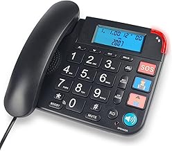 Black Home Corded Telephone for Seniors with Large Buttons, Adjustable Ringer and Speakerphone Volume, Multifunction Display and Alarm