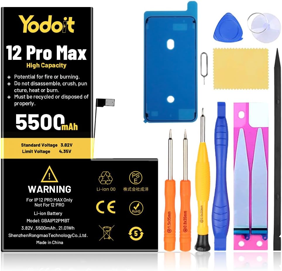 Yodoit for iPhone 12 Pro Max Battery Replacement 5500mAh Battery High Capacity 0 Cycle Replacement for Model A2342, A2410, A2411, A2412 with Repair Tool Kit & Adhesive