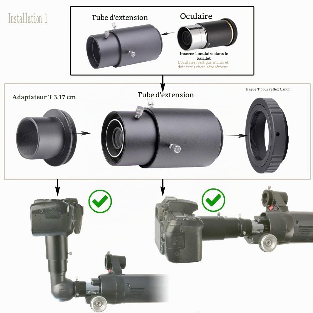 Adaptateur de caméra télescopique à extension variable pour appareils photo reflex Canon connectés à des télescopes pour la photographie Prime, mise au point ou projection oculaire