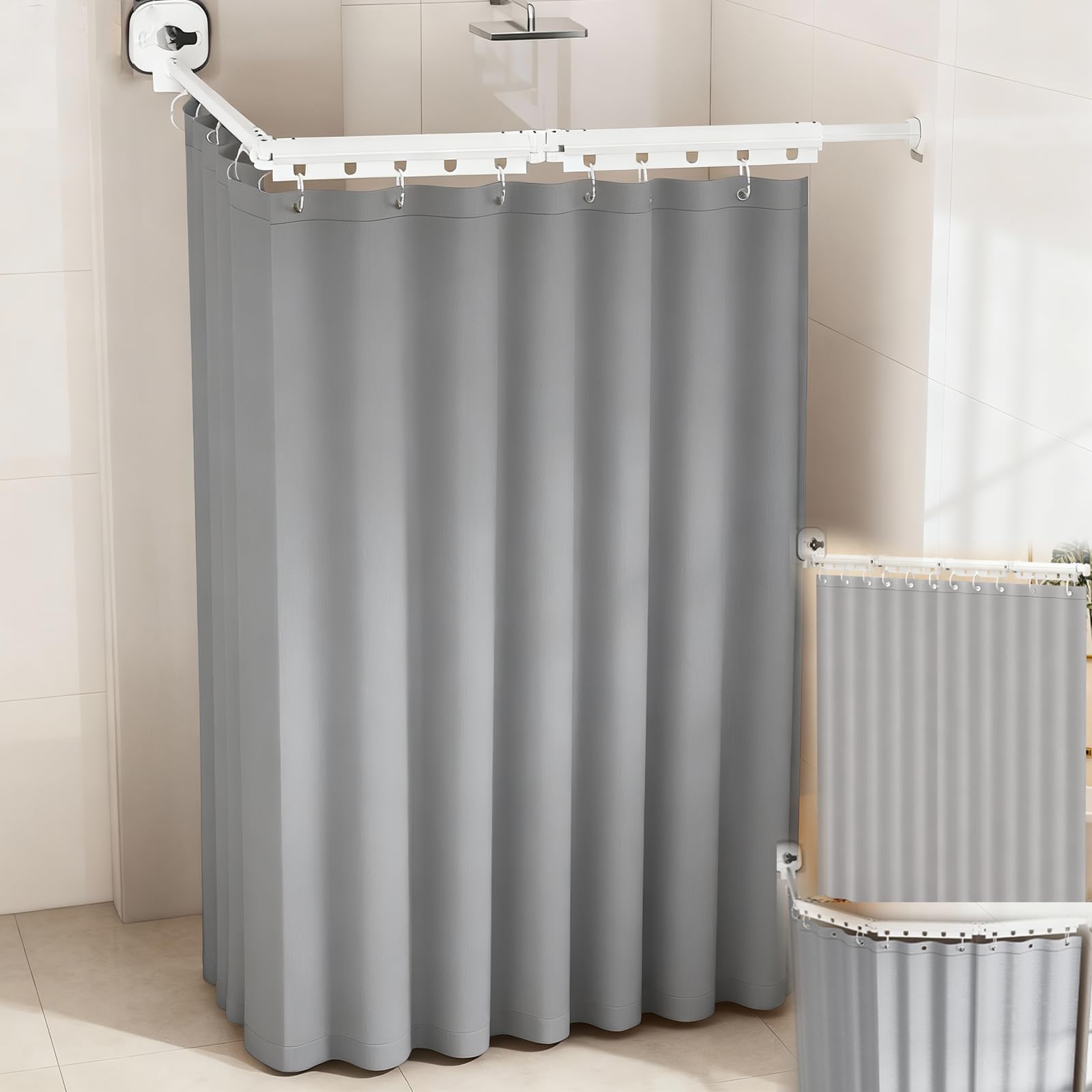 Bastone Per Tenda Doccia Pieghevole, Set Aste Per Tenda Doccia Pieghevole A 4 Vie Con Ventosa 1,8X2,0M TendaDoccia Impermeabile Senza Fori Asta 162cm Forma L/U A Forma Scala Dritto (Grigio, 4 Volte)