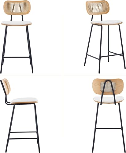 Miniatura 3 de Mid-Century - Juego de 2 taburetes de bar de piel sintética de 26 pulgadas con respaldo de ratán abierto, patas de metal, sillas de bar sin brazos