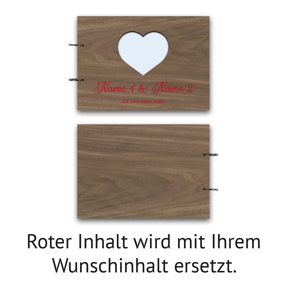 Hochzeit Gästebuch Nussbaum Holz Gravur individuell Holzcover mit 72 Blatt |144 Naturpapier Innenseiten DIN A4 quer 302 x 215 mm - Herz