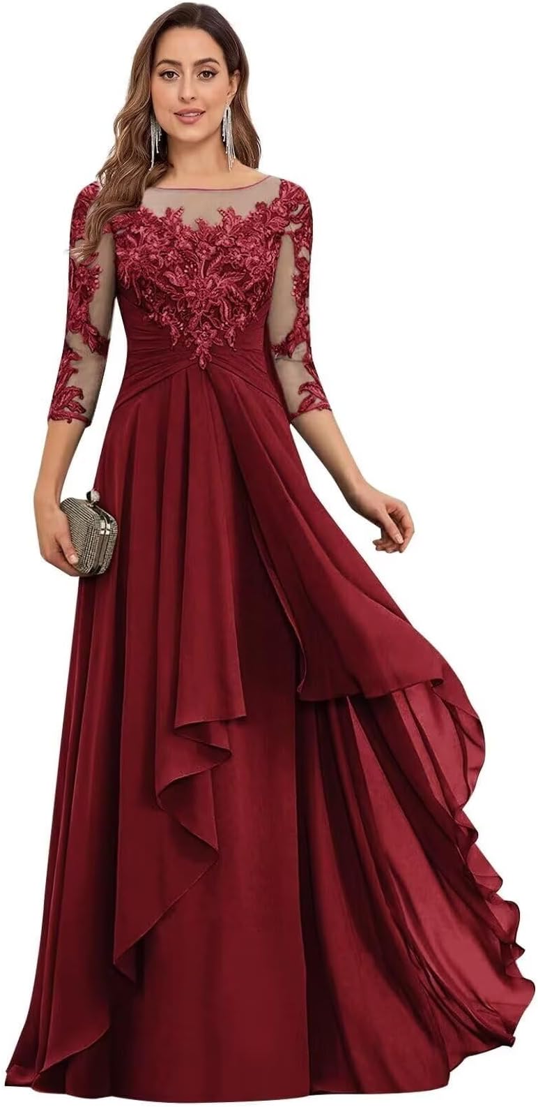 3/4 Sleeve Lace Mother of the Bride Dresses for Women Ruched Chiffon Ruffle Formal Wedding Guest Dresses