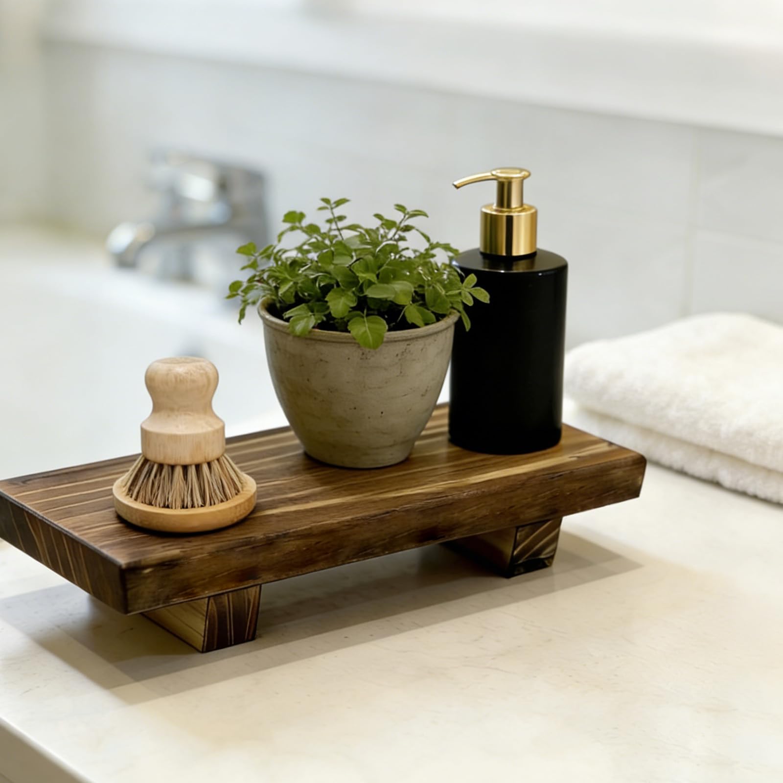 Wood Pedestal Soap Stand, 8.75 x3.5 Inches Soap Dish Holder, Wooden Riser for Bathroom & Kitchen Counter, Farmhouse Decor Rectangular Display Tray for Sink, Vanity, Countertop - 2