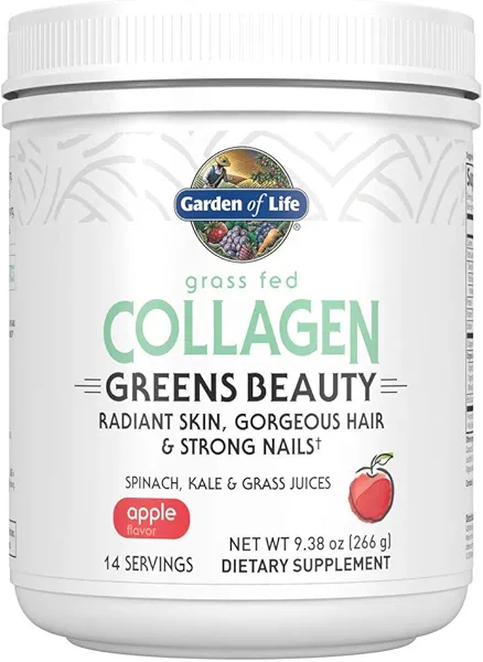 Garden of Life Grass Fed Collagen Greens Beauty Powder - Apple, 14 Servings, Collagen Powder for Women Skin Hair Nails Joints, Collagen Peptides Powder, Collagen Protein + Greens, Collagen S