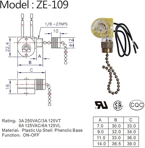 Miniatura 3 de Interruptor de ventilador de techo Zing Ear ZE-109, interruptor de luz de encendido y apagado de dos cables para ventiladores de techo Hunter y