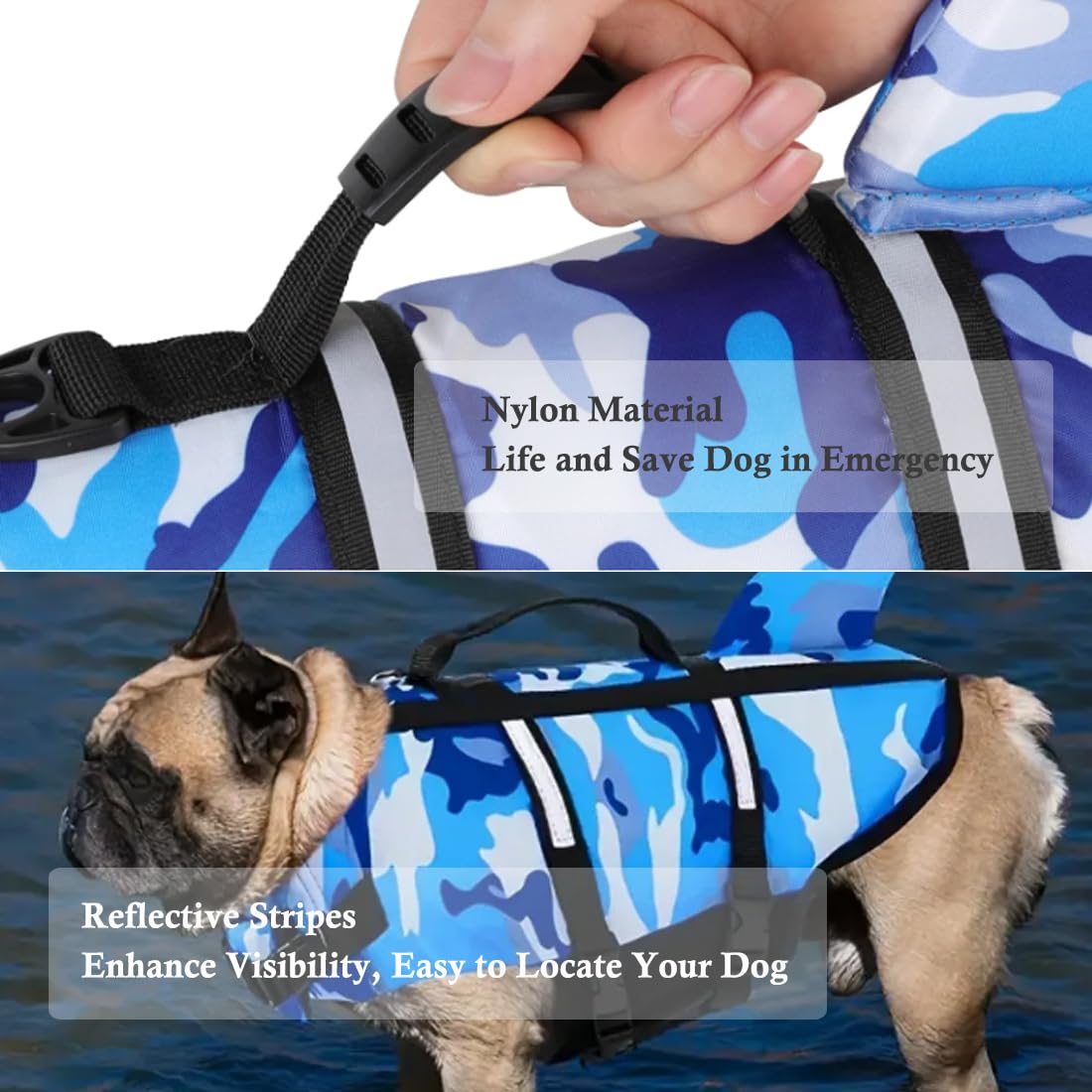 Gilet de Sauvetage pour Chien, Gilet de Sauvetage pour pour Petit, Moyen et Grand Chien avec poignée et réfléchissant, avec Une Bonne flottabilité, pour Piscine, Plage et Bateau Camo Bleu, XL